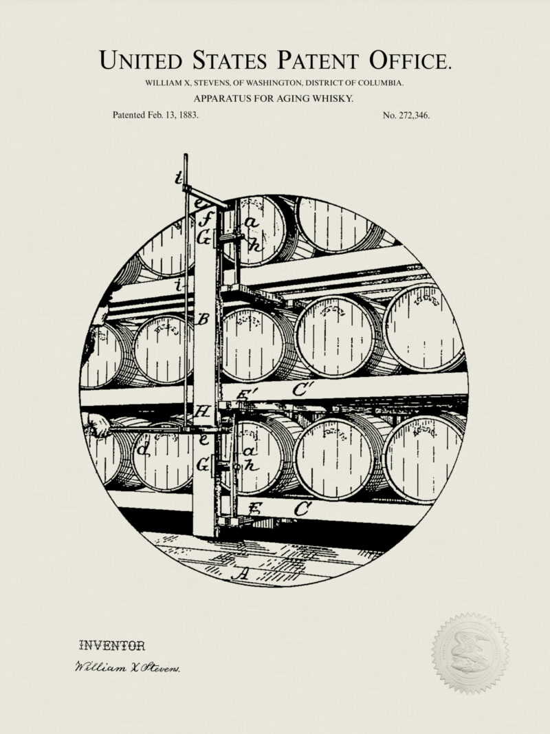 1883 whiskey aging apparatus patent drawing.