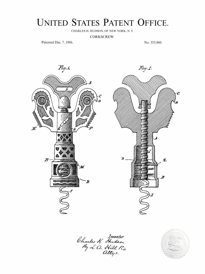 1886 vintage corkscrew patent illustration.