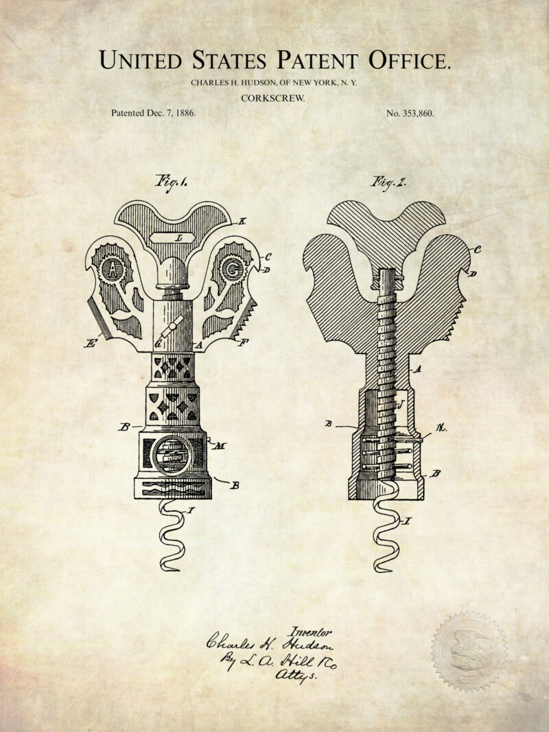 1886 vintage corkscrew patent illustration.