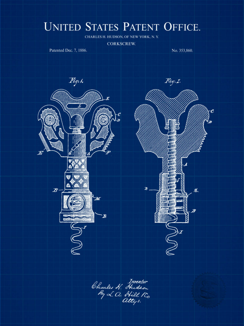 1886 vintage corkscrew patent illustration.
