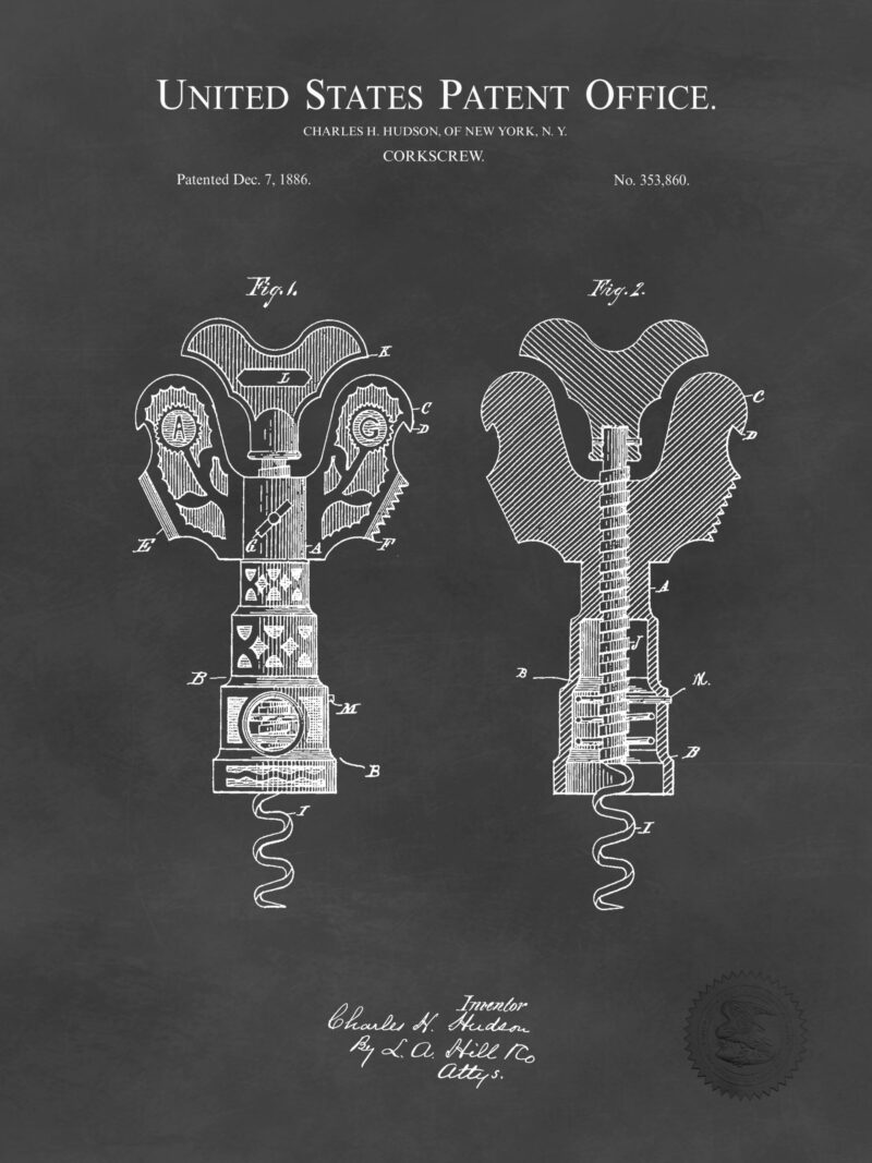 1886 vintage corkscrew patent illustration.
