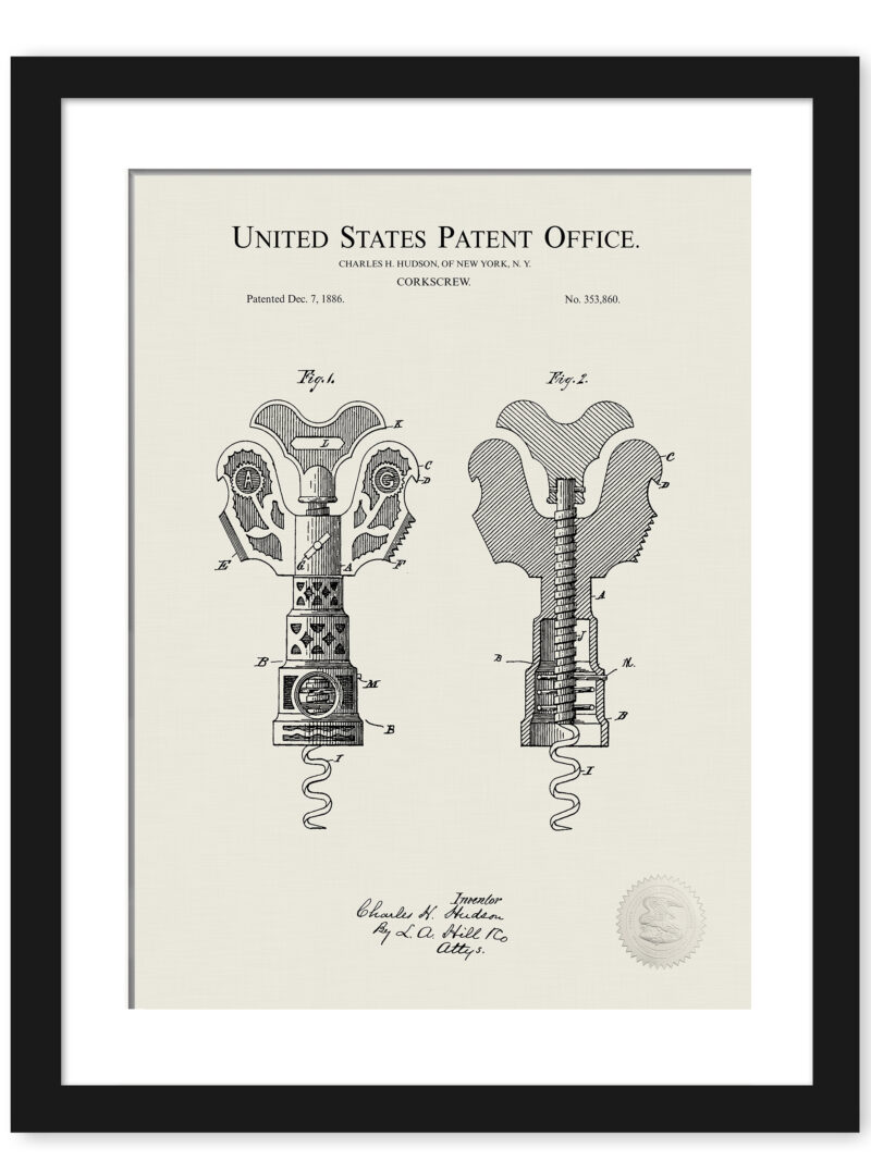 1886 vintage corkscrew patent illustration.