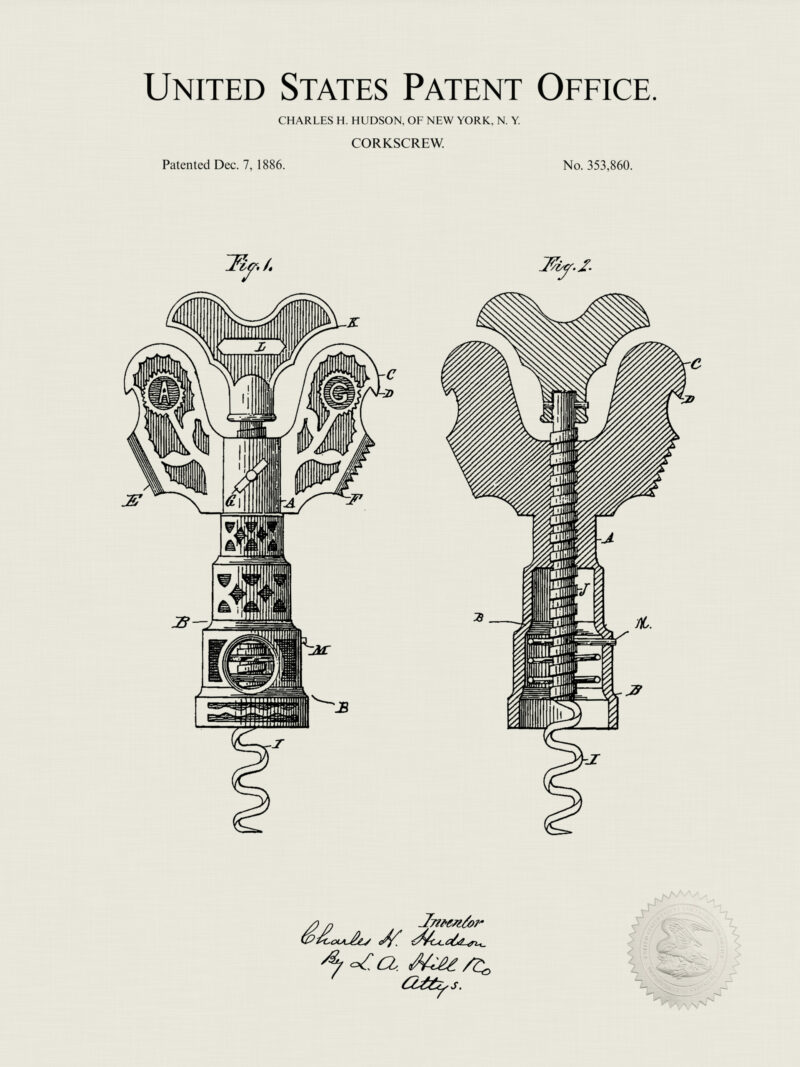 1886 vintage corkscrew patent illustration.