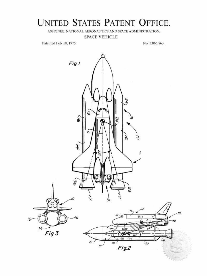1975 NASA Space Vehicle Patent Illustration Print