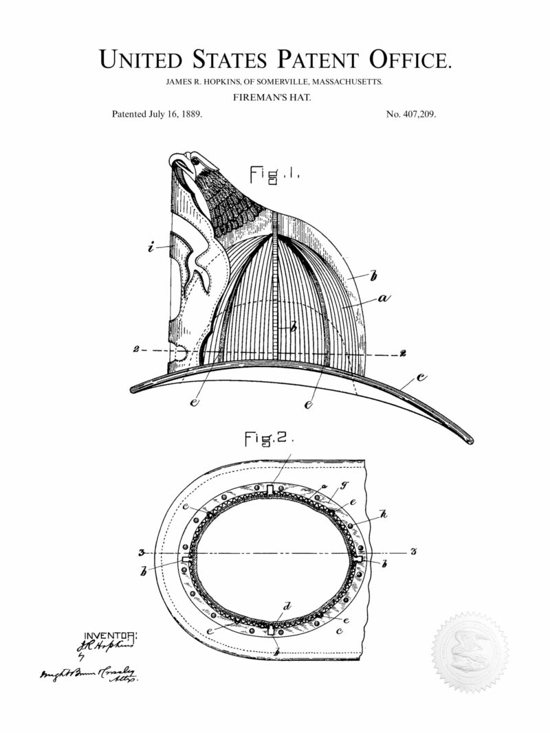 1874 Fireman's Helmet patent illustration print