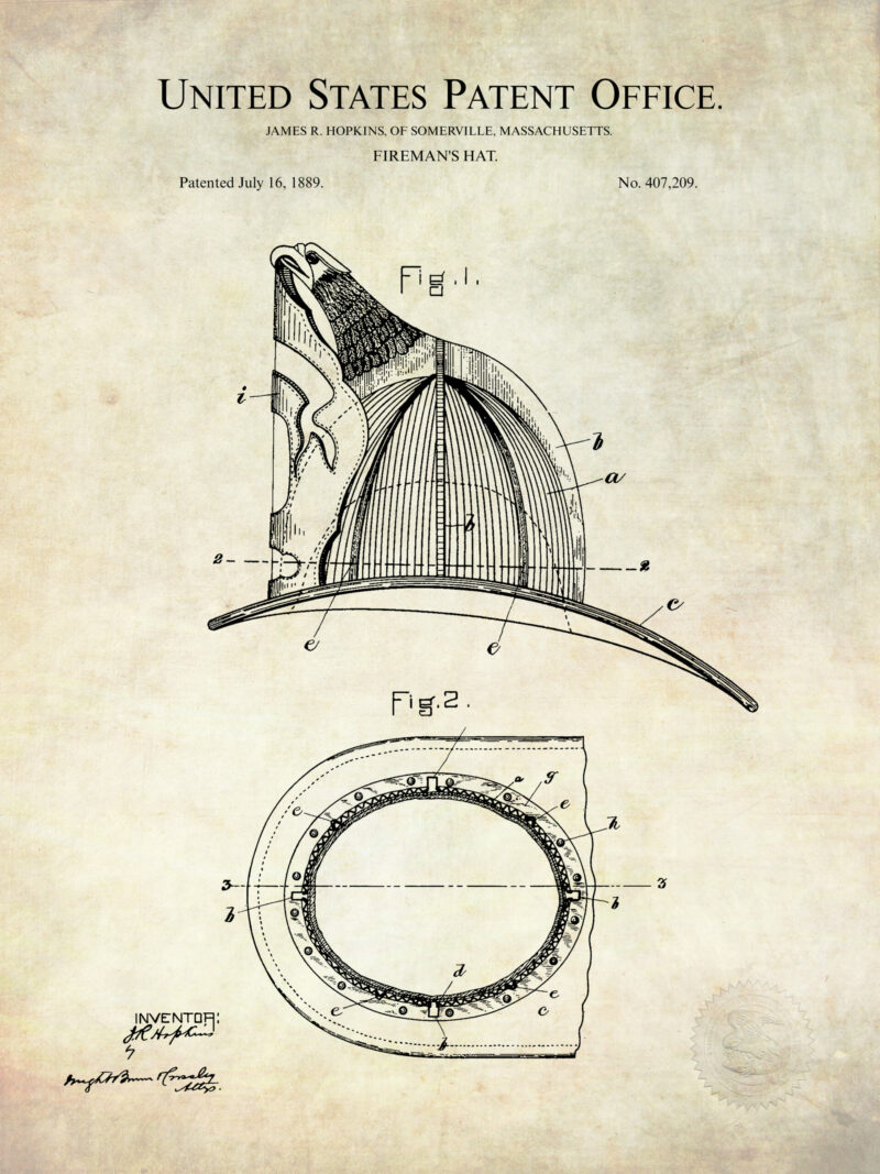 1874 Fireman's Helmet patent illustration print