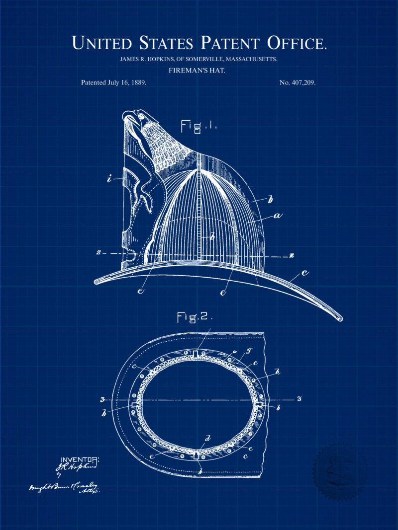 1874 Fireman's Helmet patent illustration print