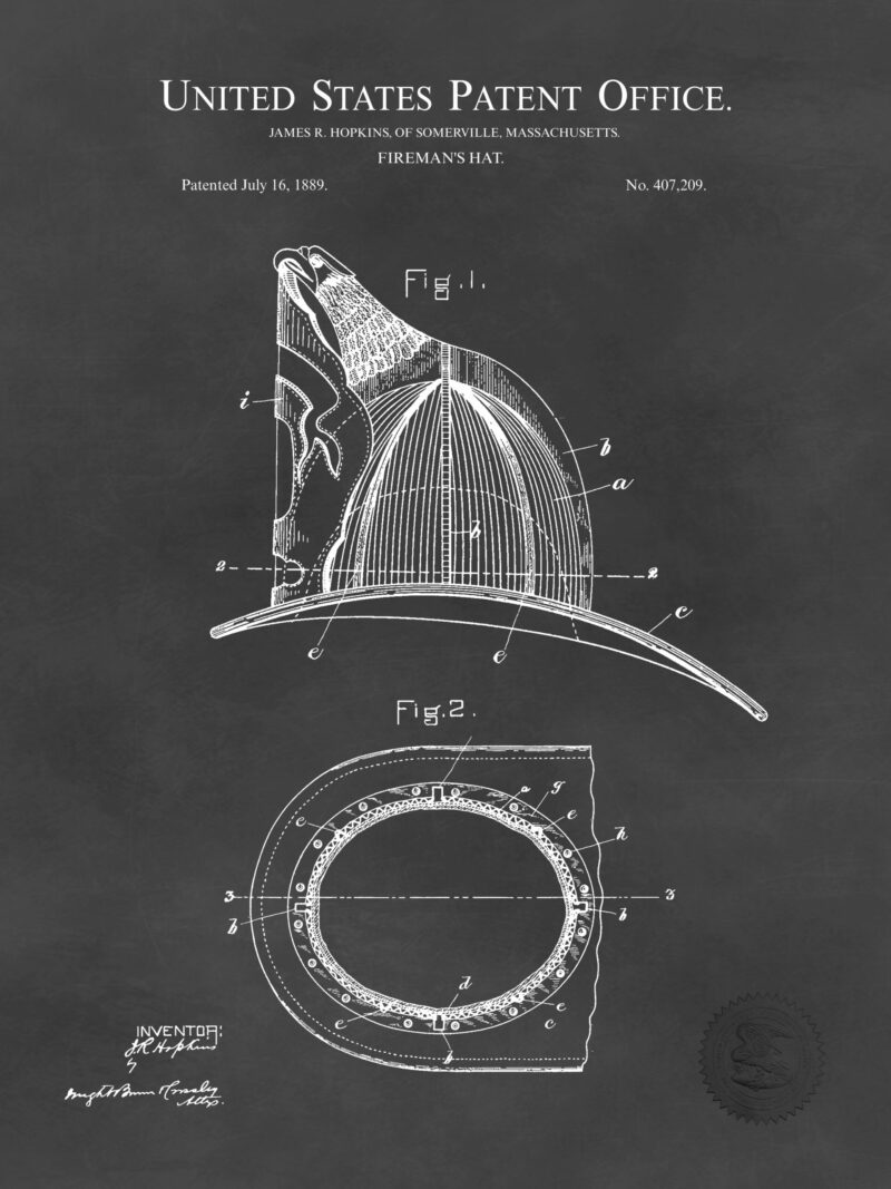 1874 Fireman's Helmet patent illustration print