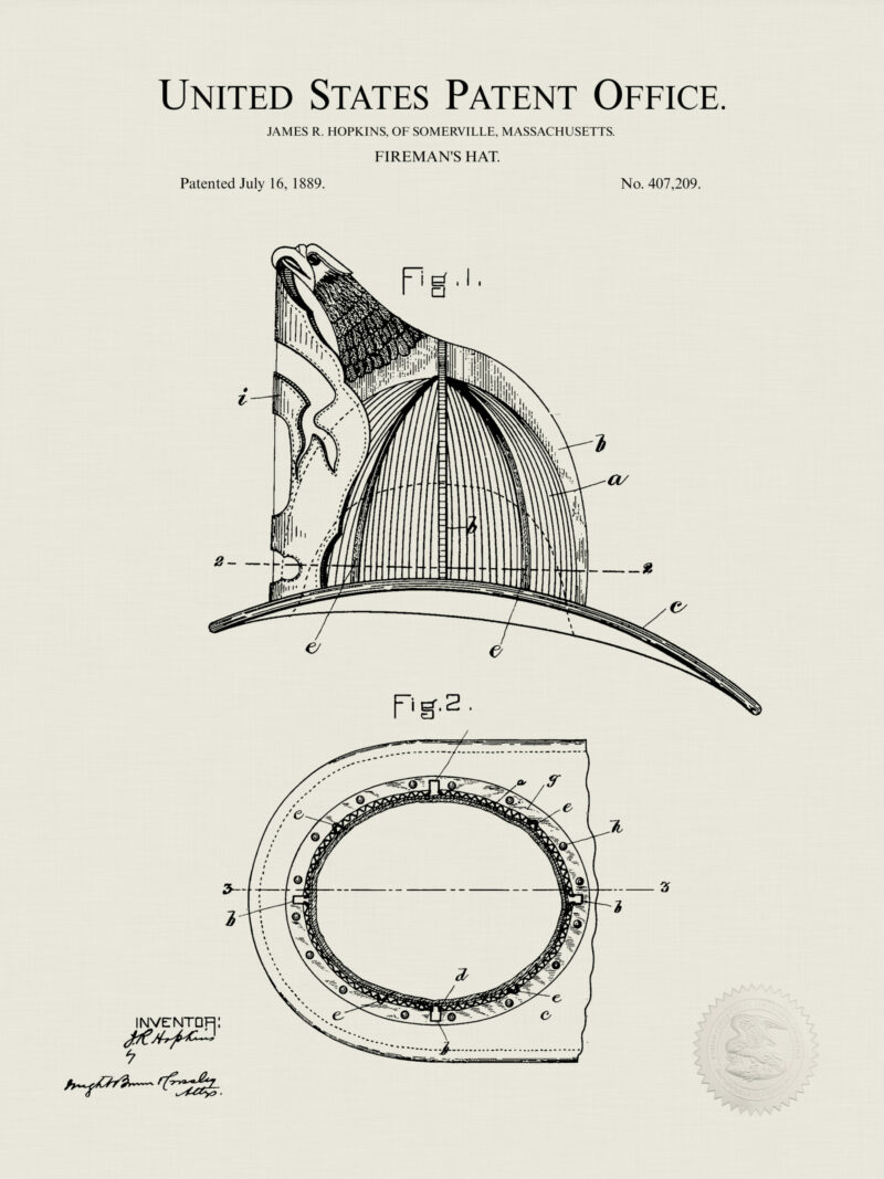 1874 Fireman's Helmet patent illustration print