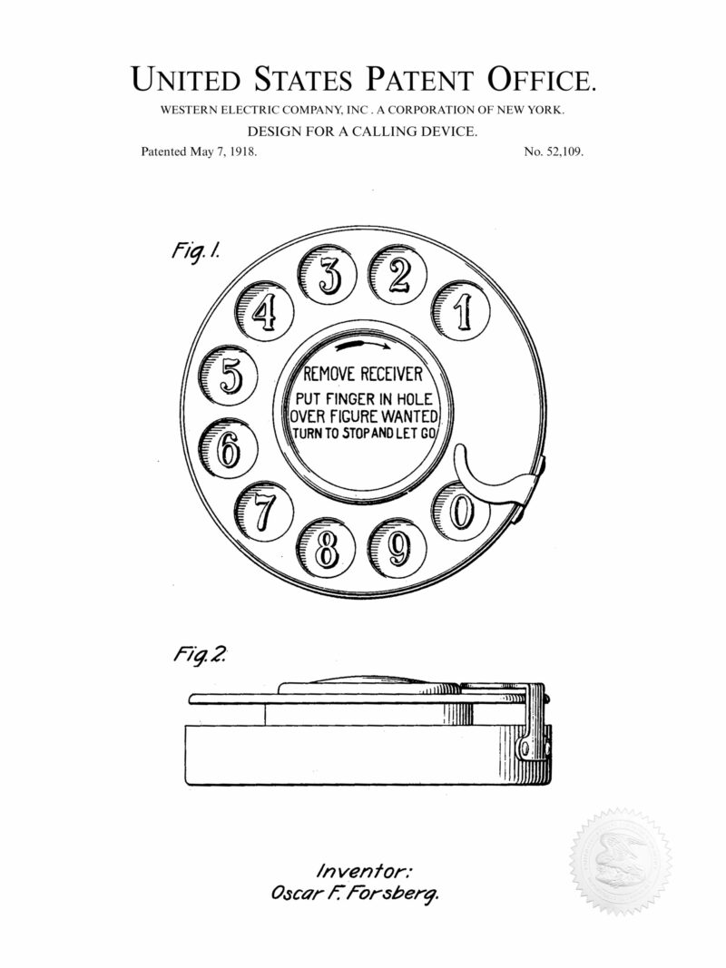 Vintage 1918 Rotary Phone Patent Illustration.