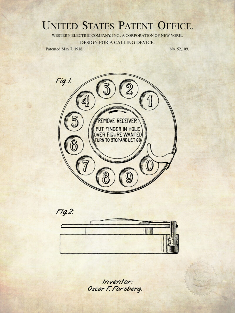 Vintage 1918 Rotary Phone Patent Illustration.