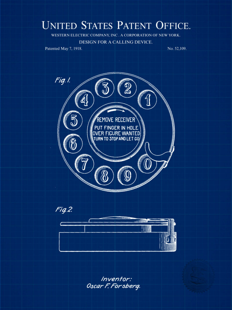 Vintage 1918 Rotary Phone Patent Illustration.