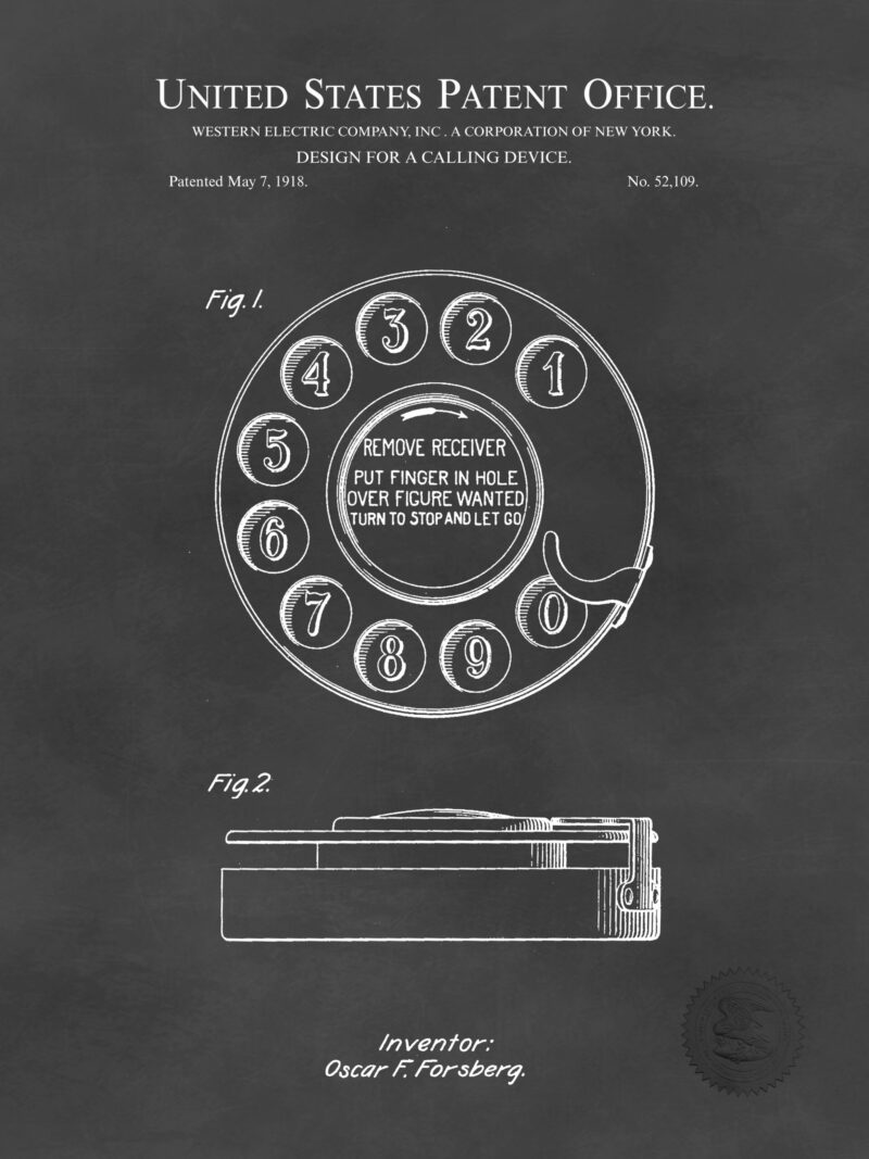 Vintage 1918 Rotary Phone Patent Illustration.