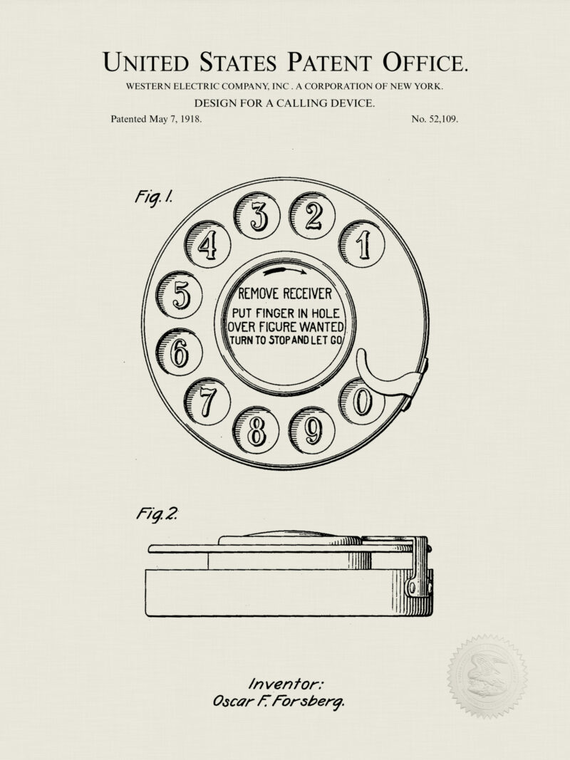 Vintage 1918 Rotary Phone Patent Illustration.