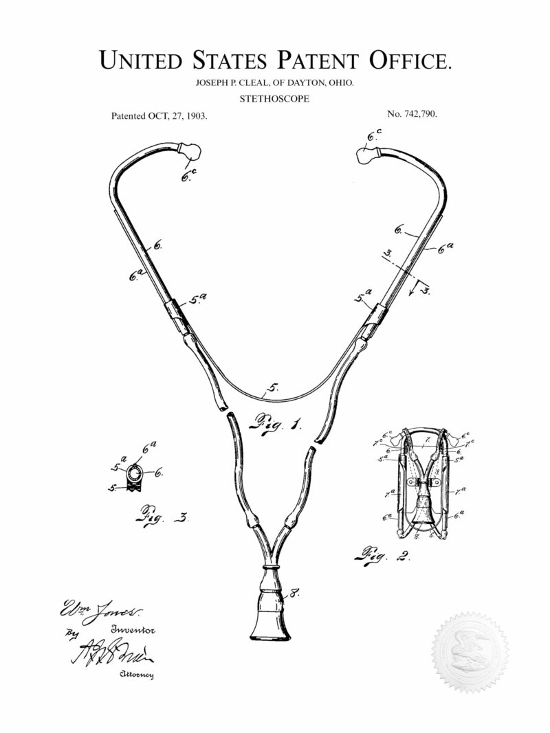 1903 J.P. Cleal stethoscope patent illustration print.
