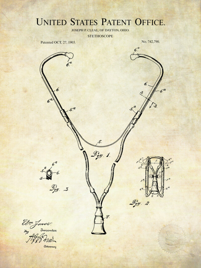 1903 J.P. Cleal stethoscope patent illustration print.