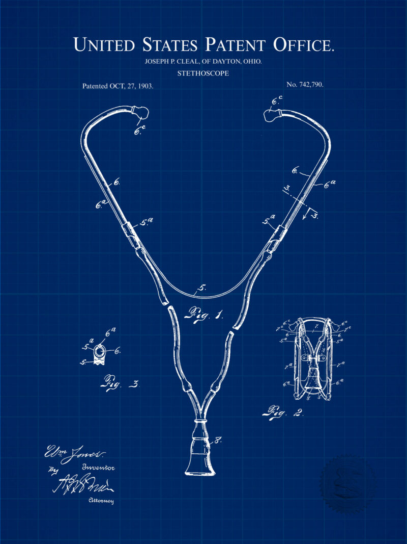 1903 J.P. Cleal stethoscope patent illustration print.
