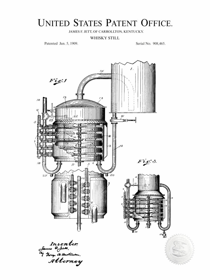 1909 J. Jett whiskey still patent illustration.