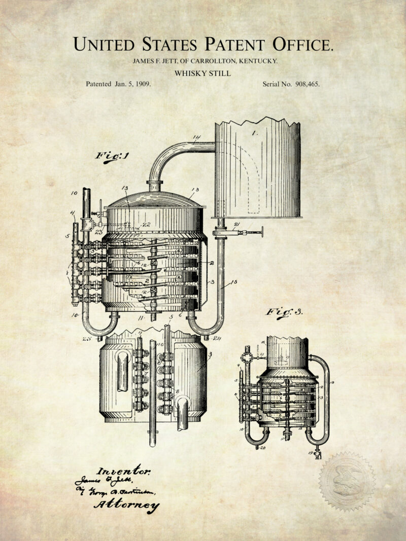 1909 J. Jett whiskey still patent illustration.