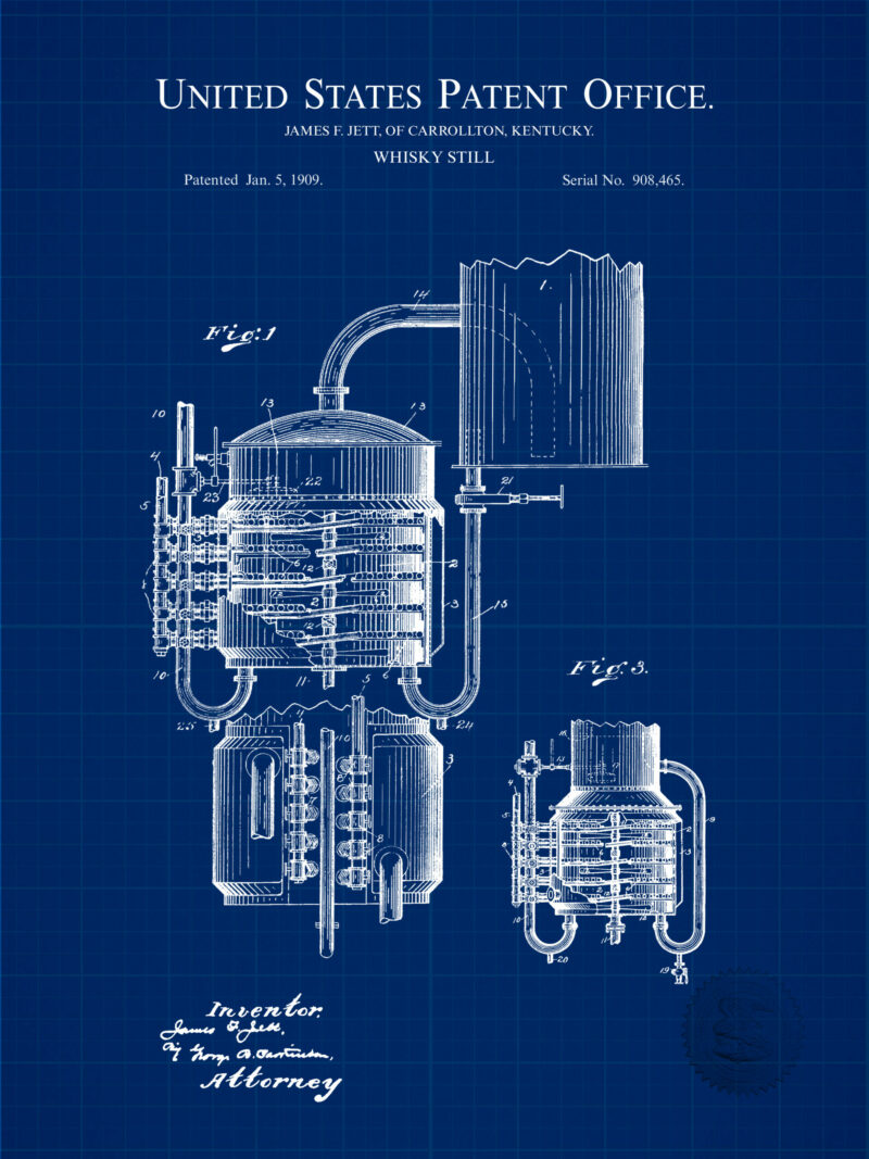 1909 J. Jett whiskey still patent illustration.