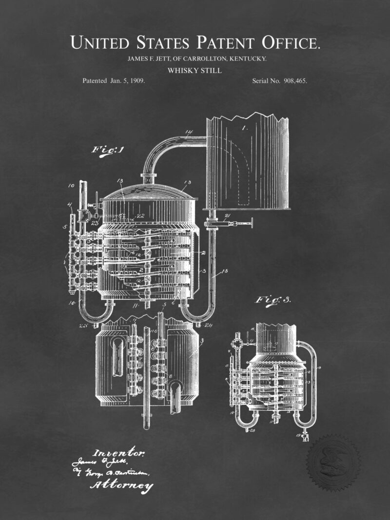 1909 J. Jett whiskey still patent illustration.