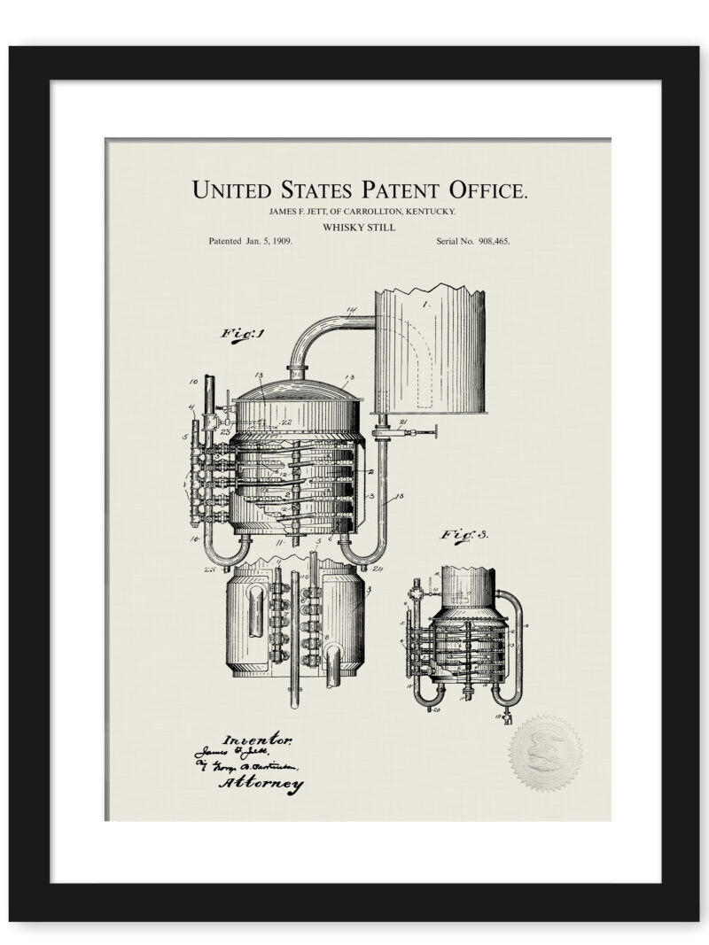 1909 J. Jett whiskey still patent illustration.