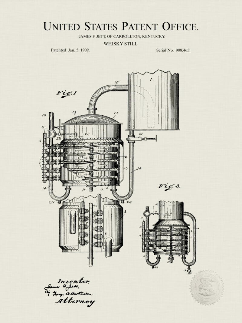 1909 J. Jett whiskey still patent illustration.