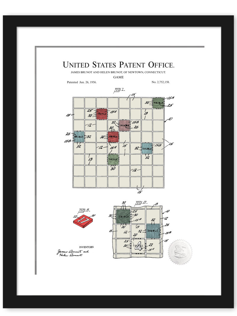 Colorful 1956 Scrabble game patent illustration.