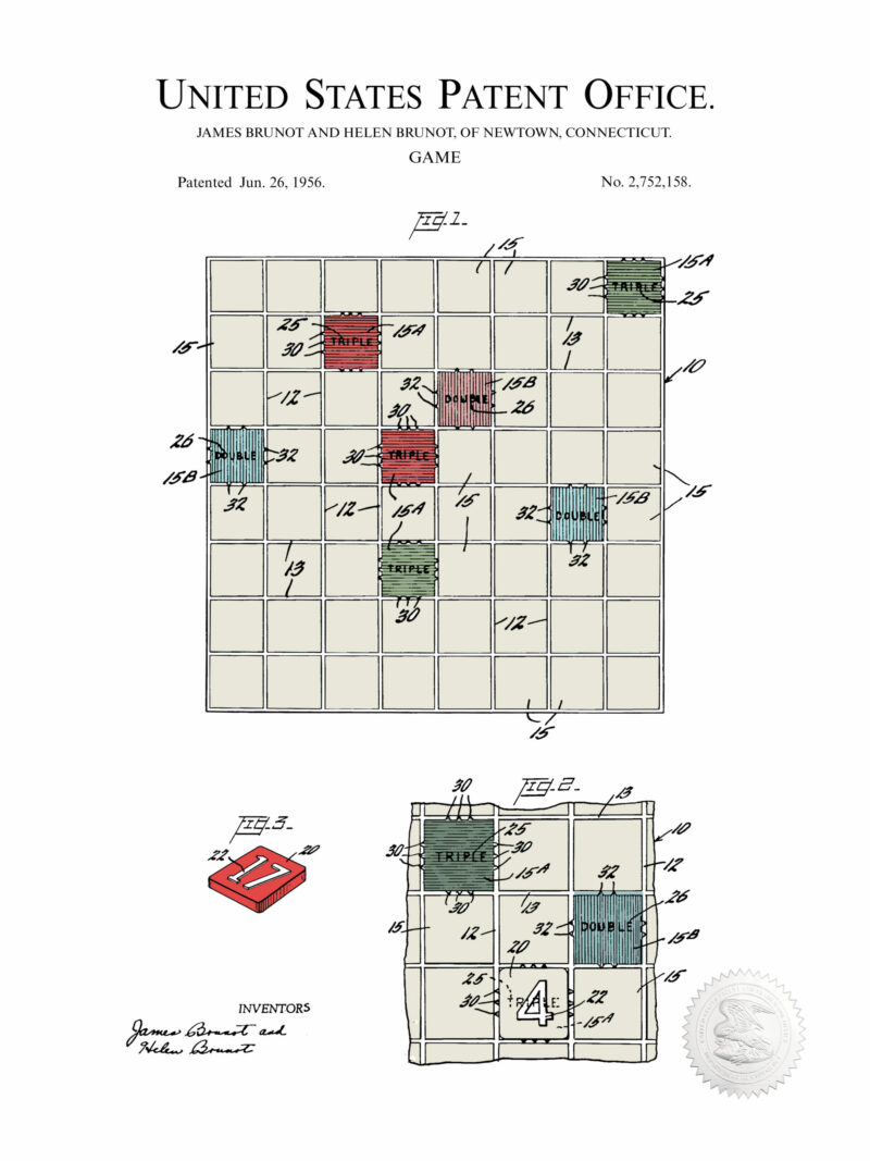 Colorful 1956 Scrabble game patent illustration.