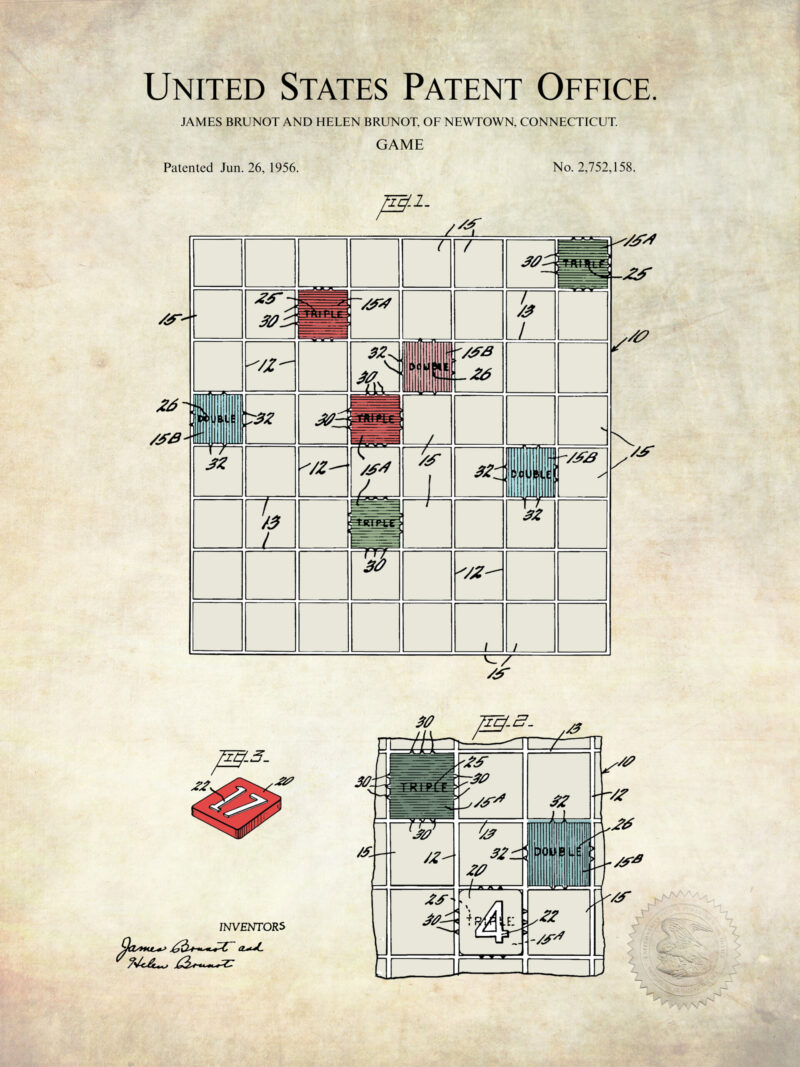 Colorful 1956 Scrabble game patent illustration.