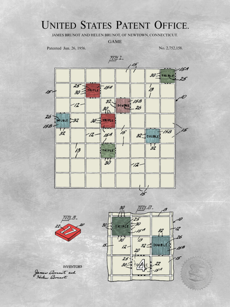 Colorful 1956 Scrabble game patent illustration.