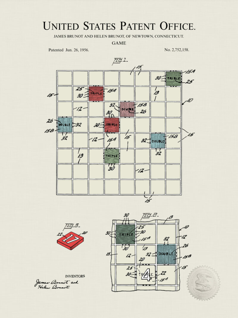 Colorful 1956 Scrabble game patent illustration.