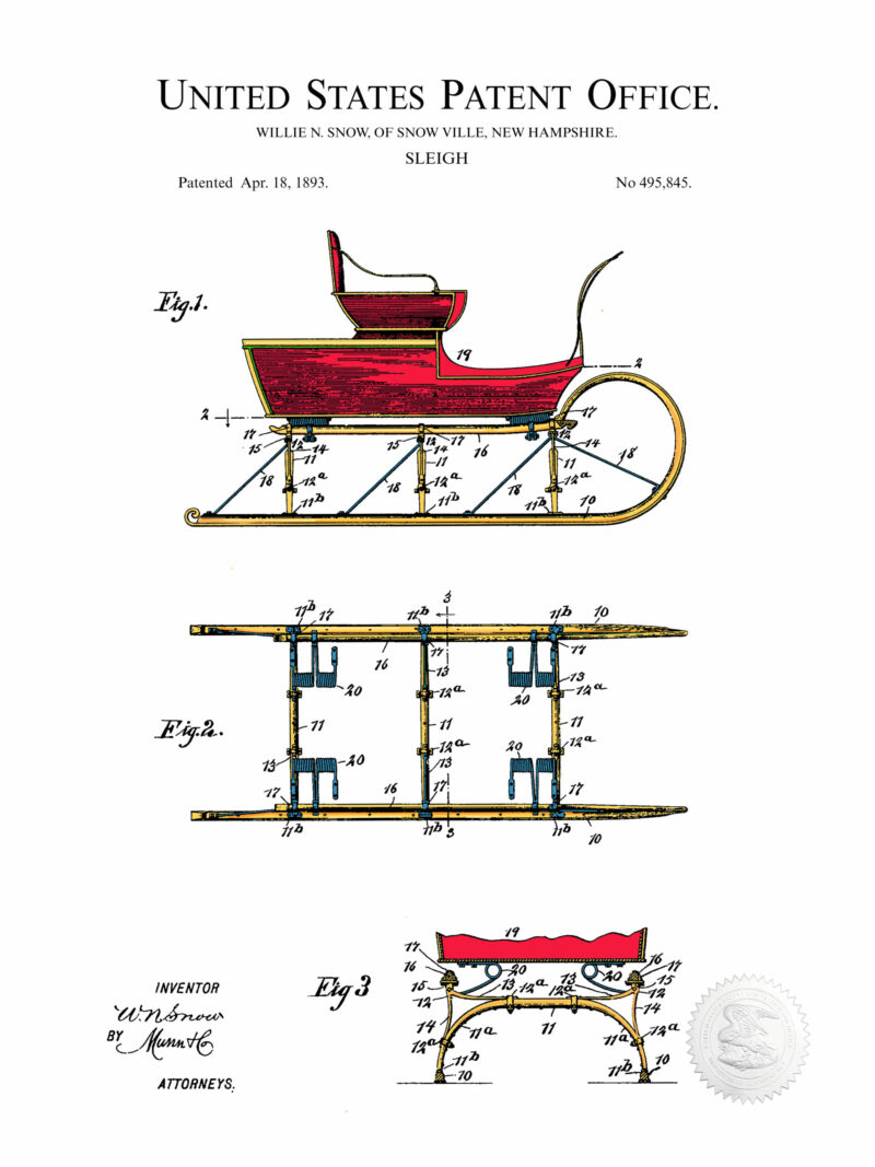 Digitally colored 1893 sleigh patent artwork.