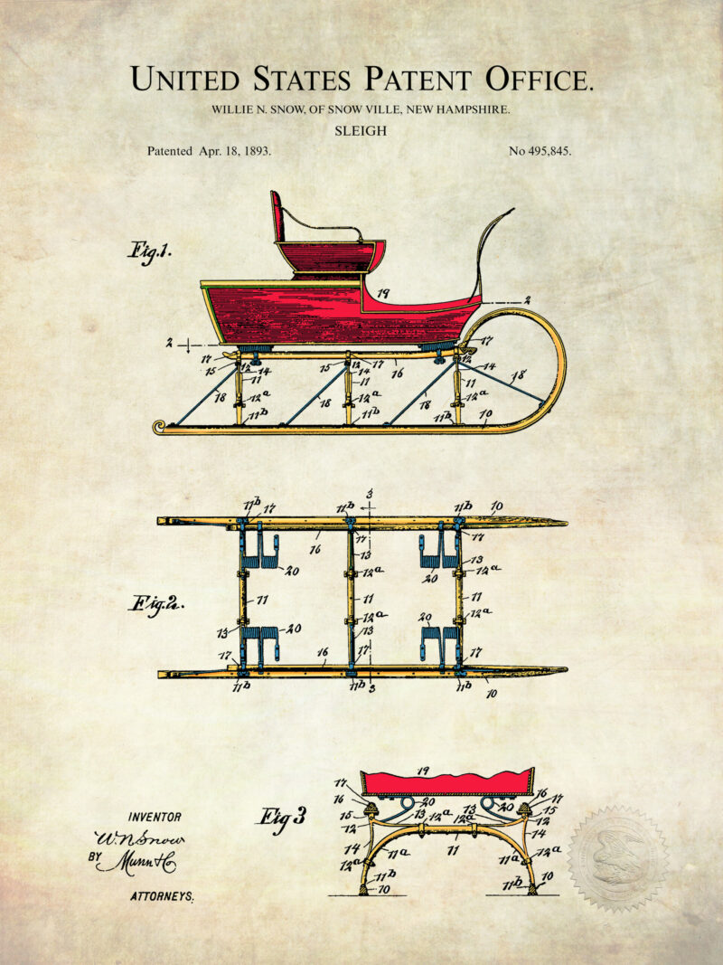 Digitally colored 1893 sleigh patent artwork.