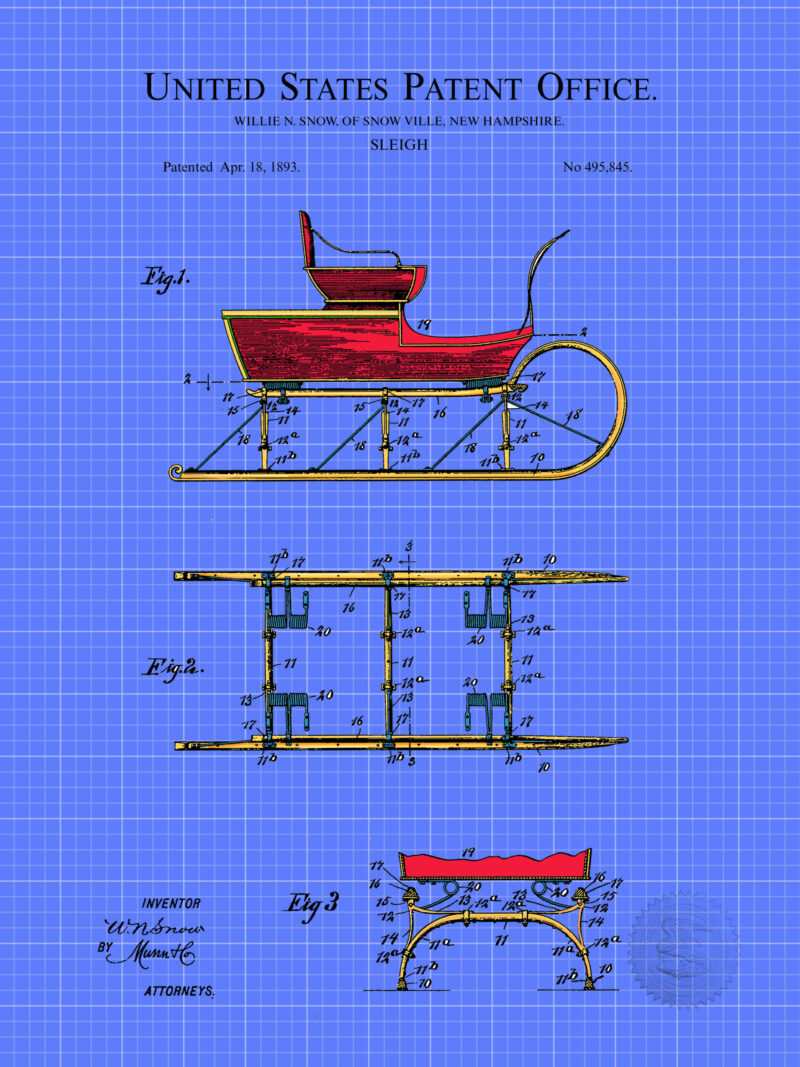 Digitally colored 1893 sleigh patent artwork.