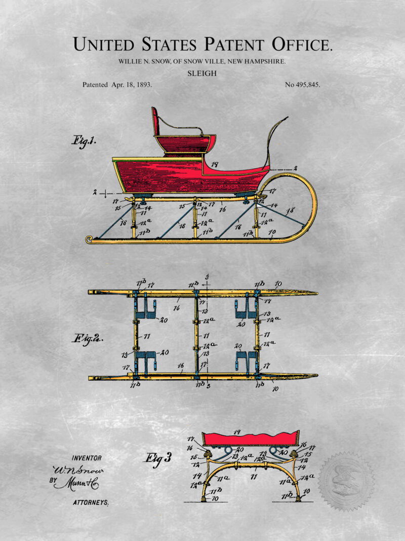 Digitally colored 1893 sleigh patent artwork.