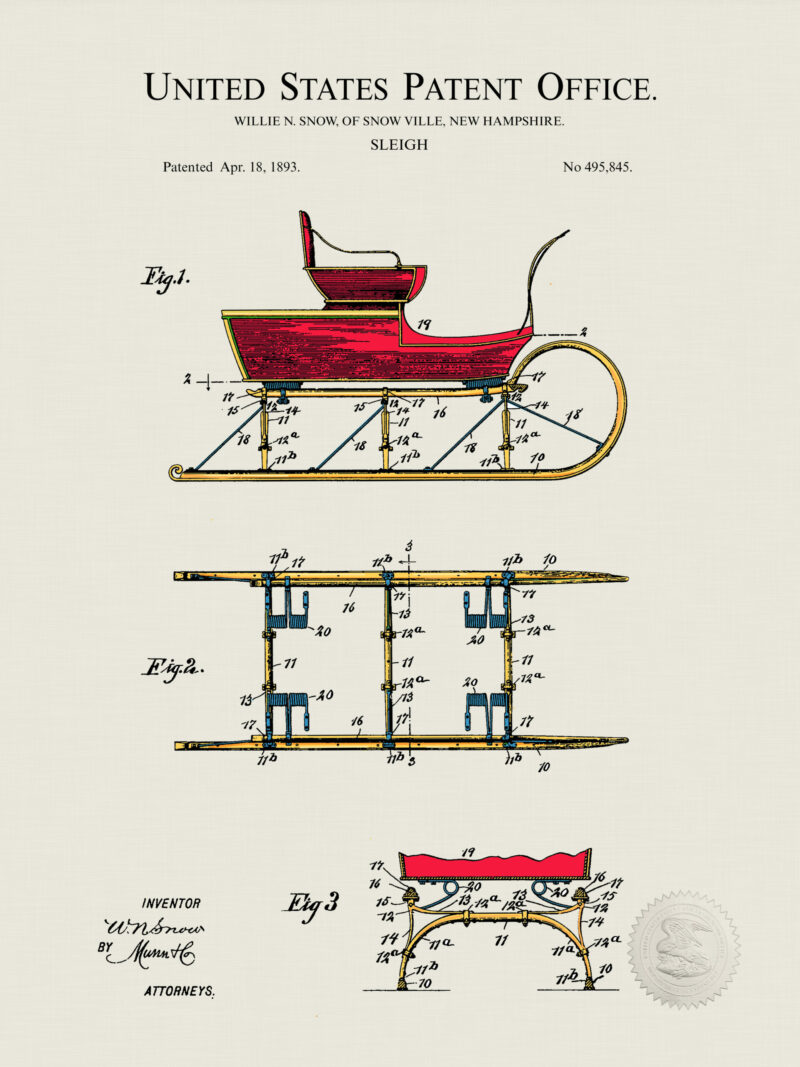 Digitally colored 1893 sleigh patent artwork.