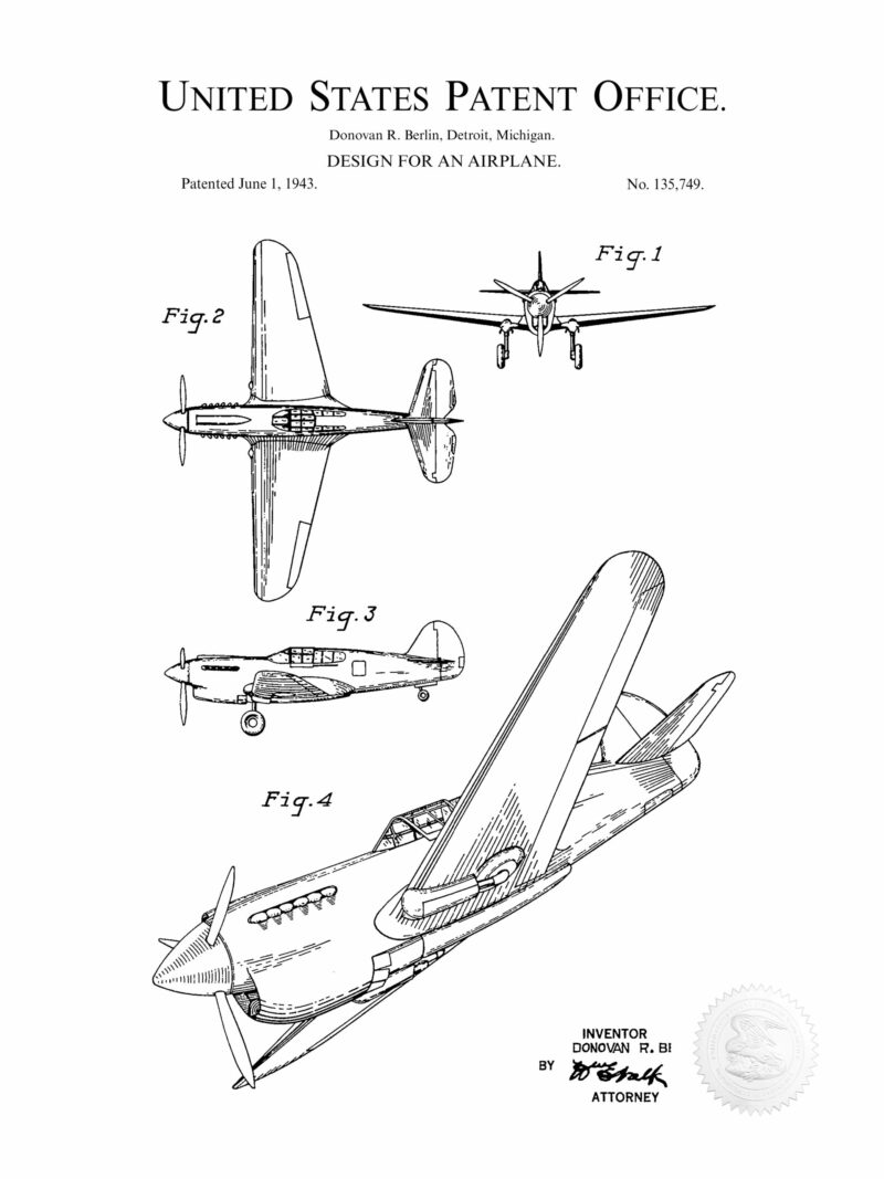 1947 Curtiss Wright P-40 Warhawk patent print