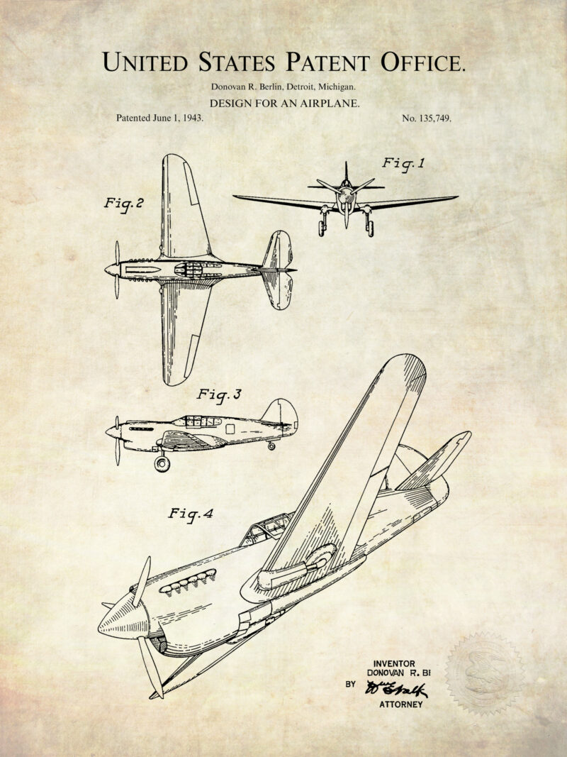 1947 Curtiss Wright P-40 Warhawk patent print