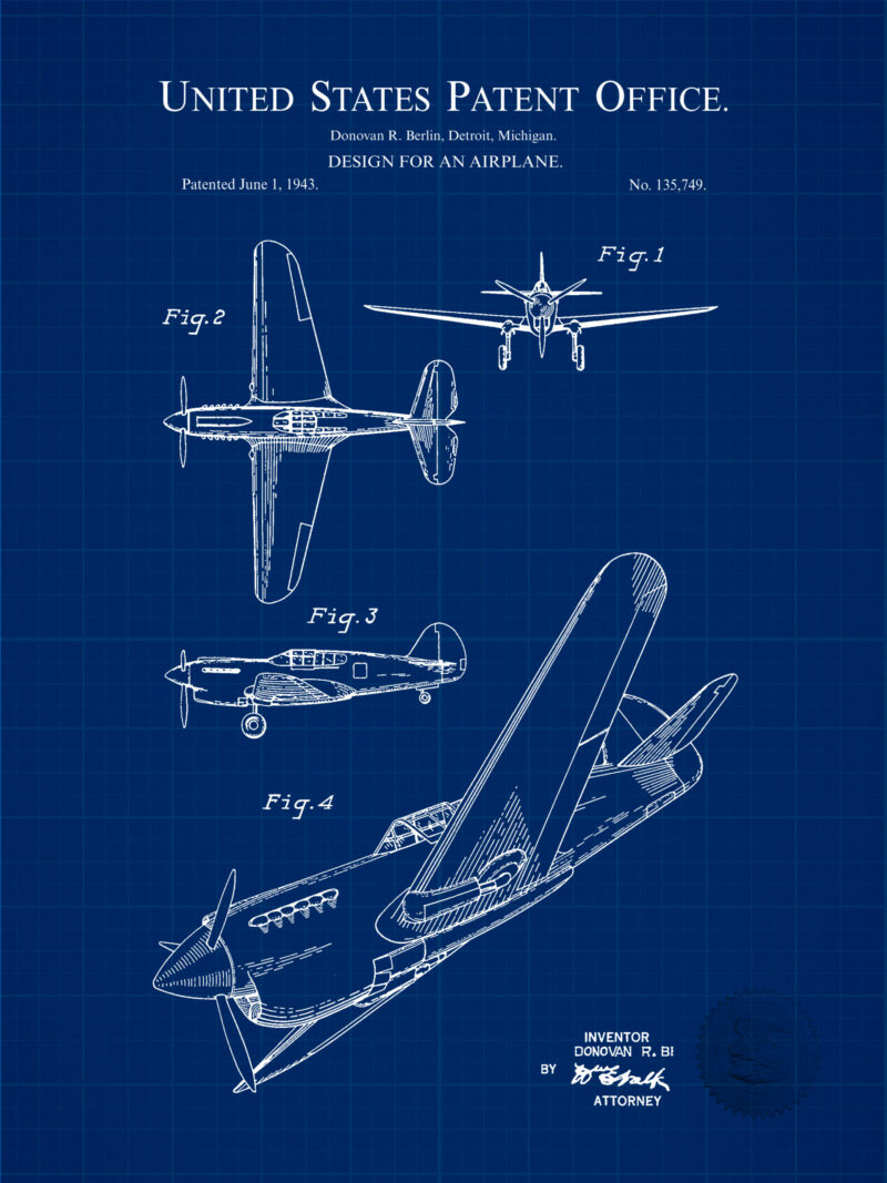 1947 Curtiss Wright P-40 Warhawk patent print