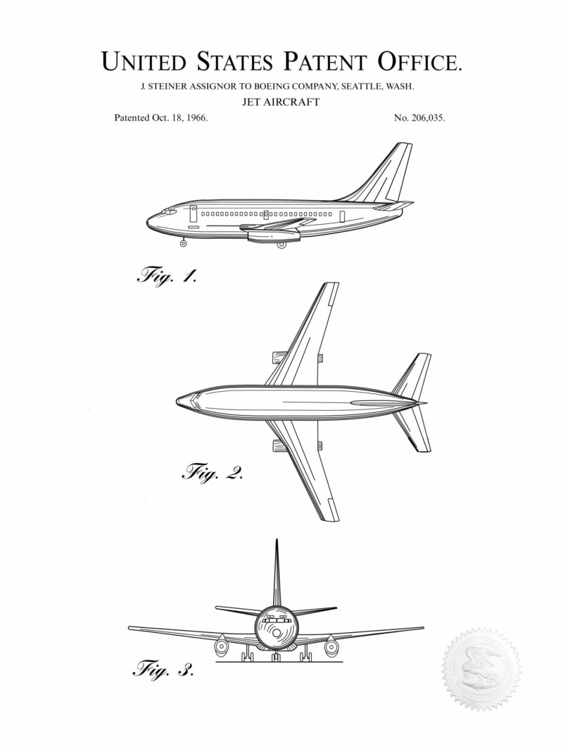 1966 Boeing 737 patent illustration for vintage aviation art
