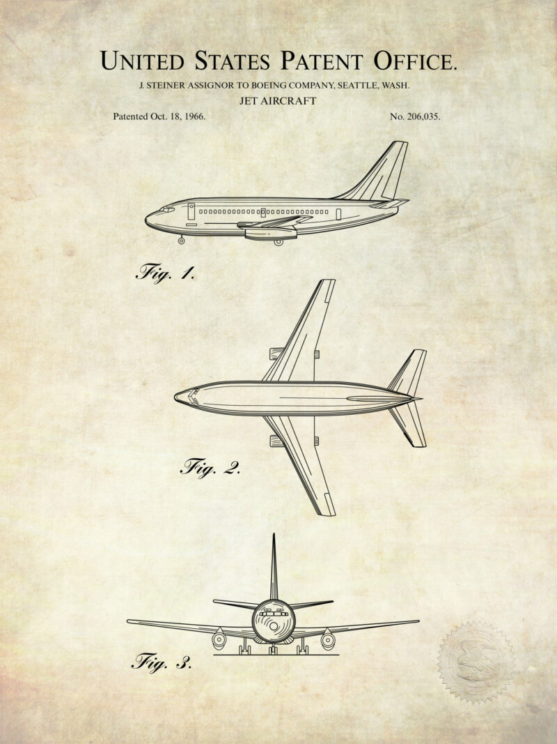 1966 Boeing 737 patent illustration for vintage aviation art