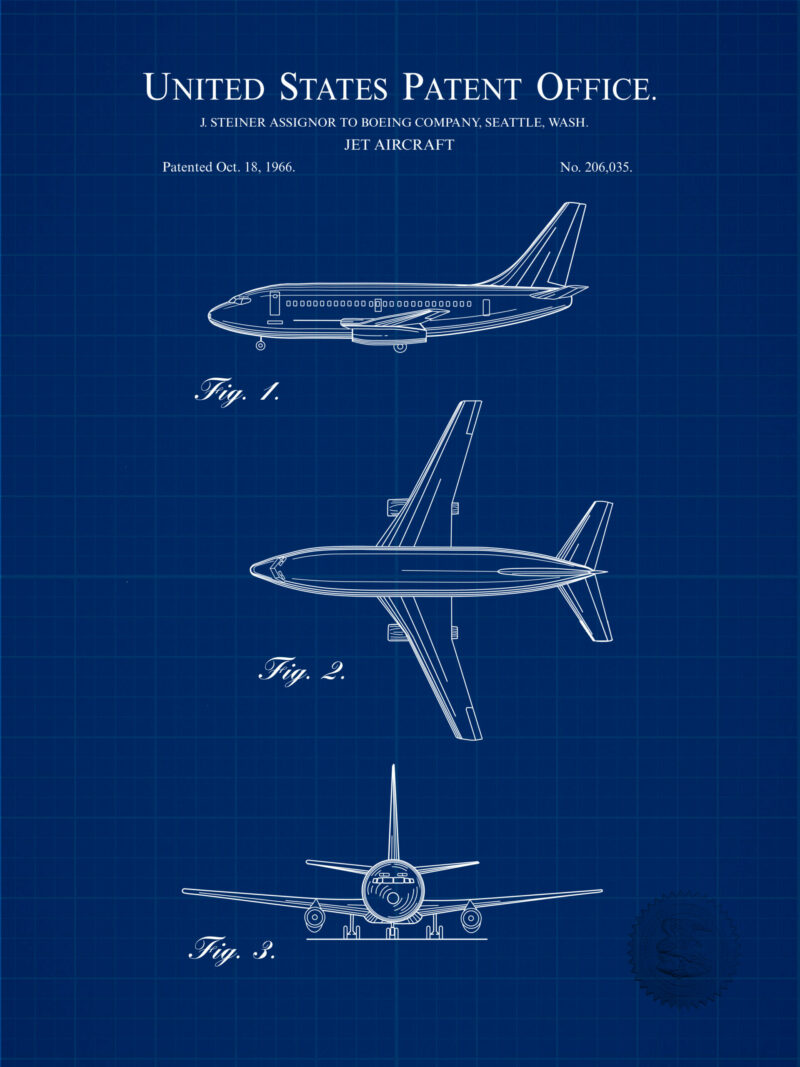 1966 Boeing 737 patent illustration for vintage aviation art