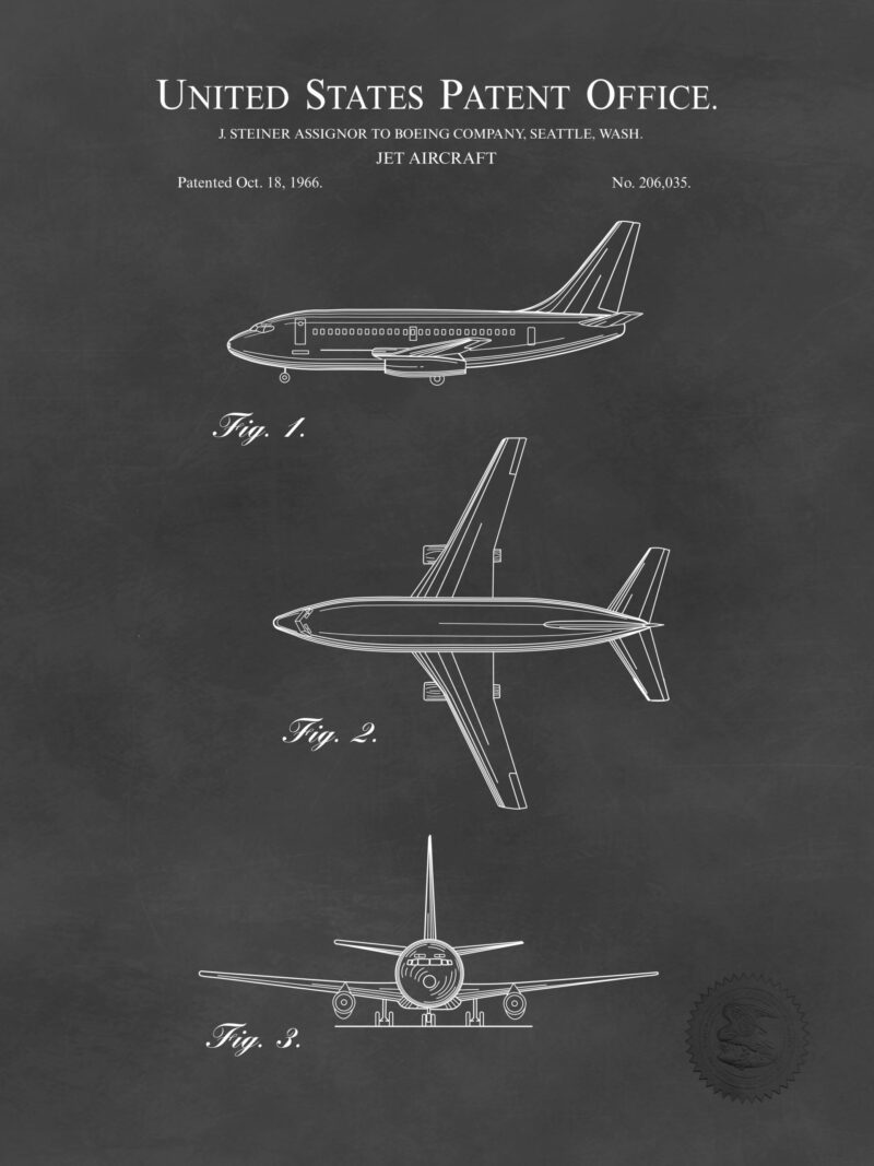 1966 Boeing 737 patent illustration for vintage aviation art