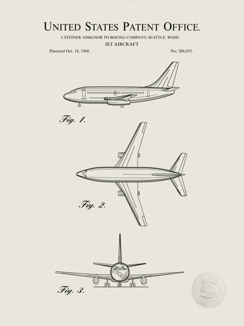 1966 Boeing 737 patent illustration for vintage aviation art