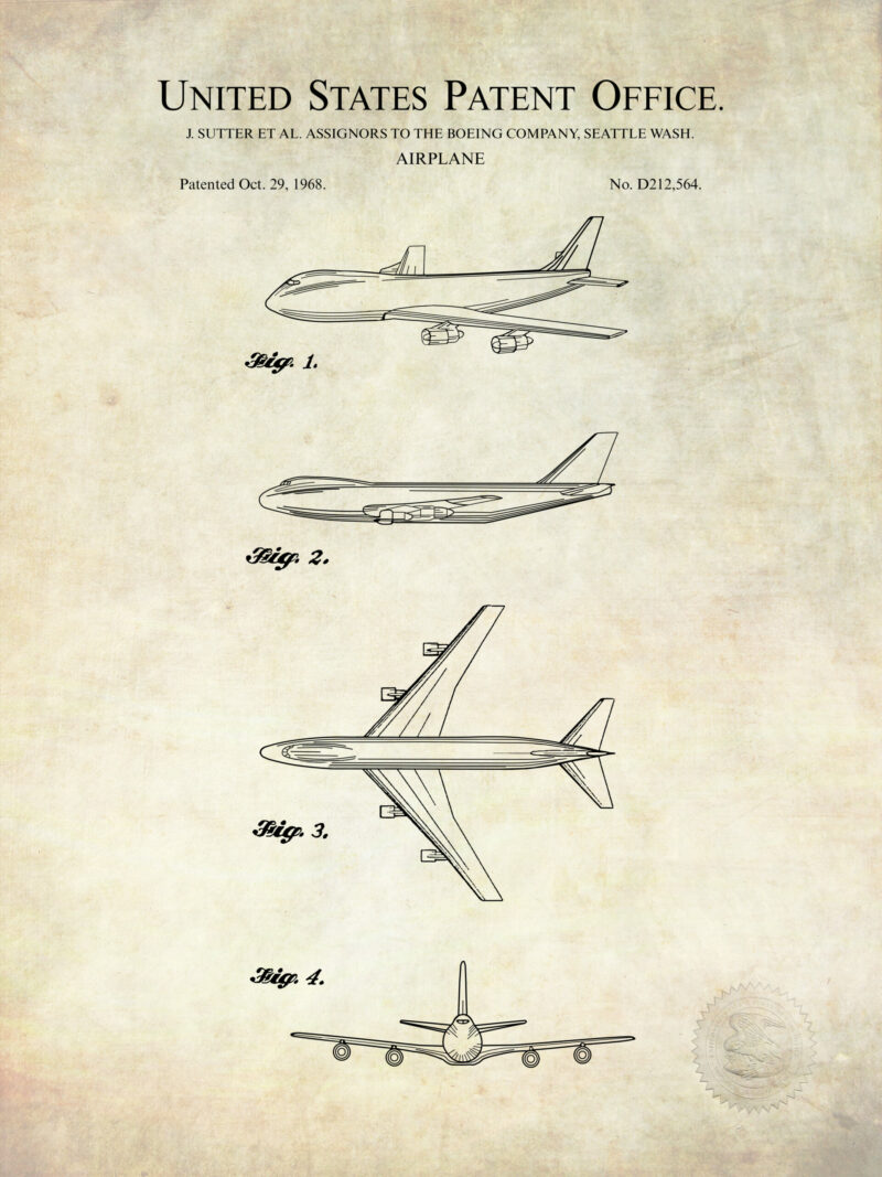 1968 Boeing 747 aircraft patent illustration.