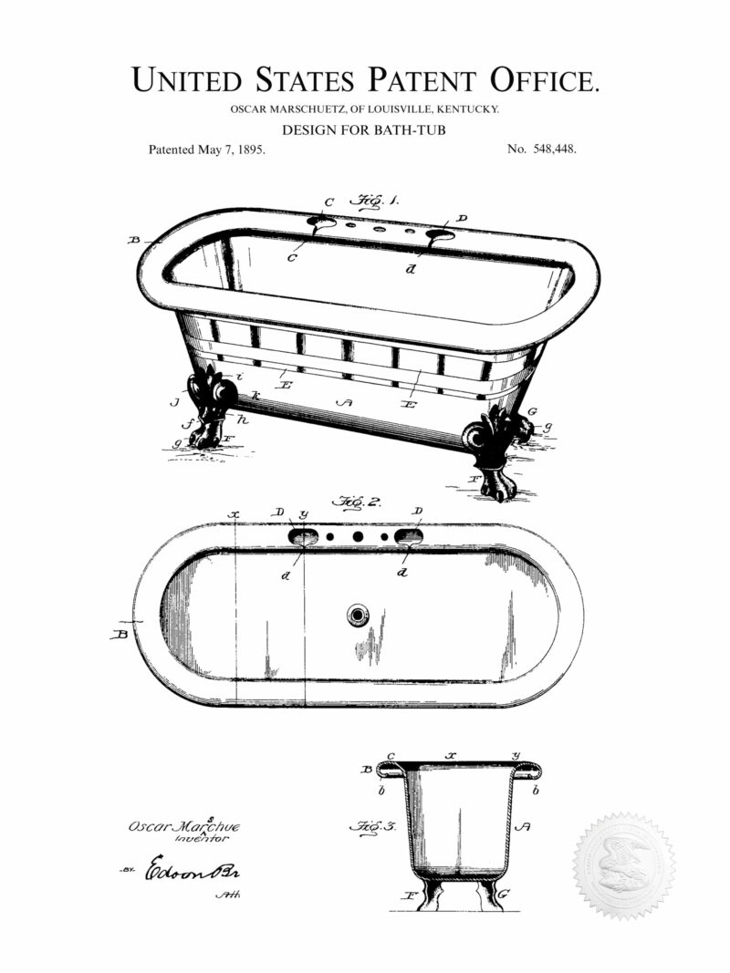 1895 Clawfoot Bathtub Patent Illustration Print