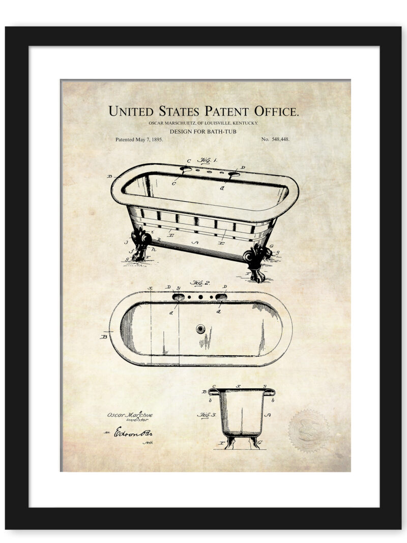1895 Clawfoot Bathtub Patent Illustration Print