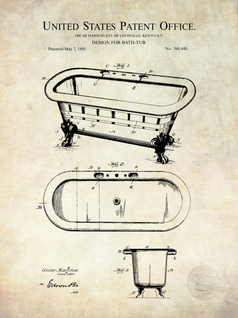 1895 Clawfoot Bathtub Patent Illustration Print