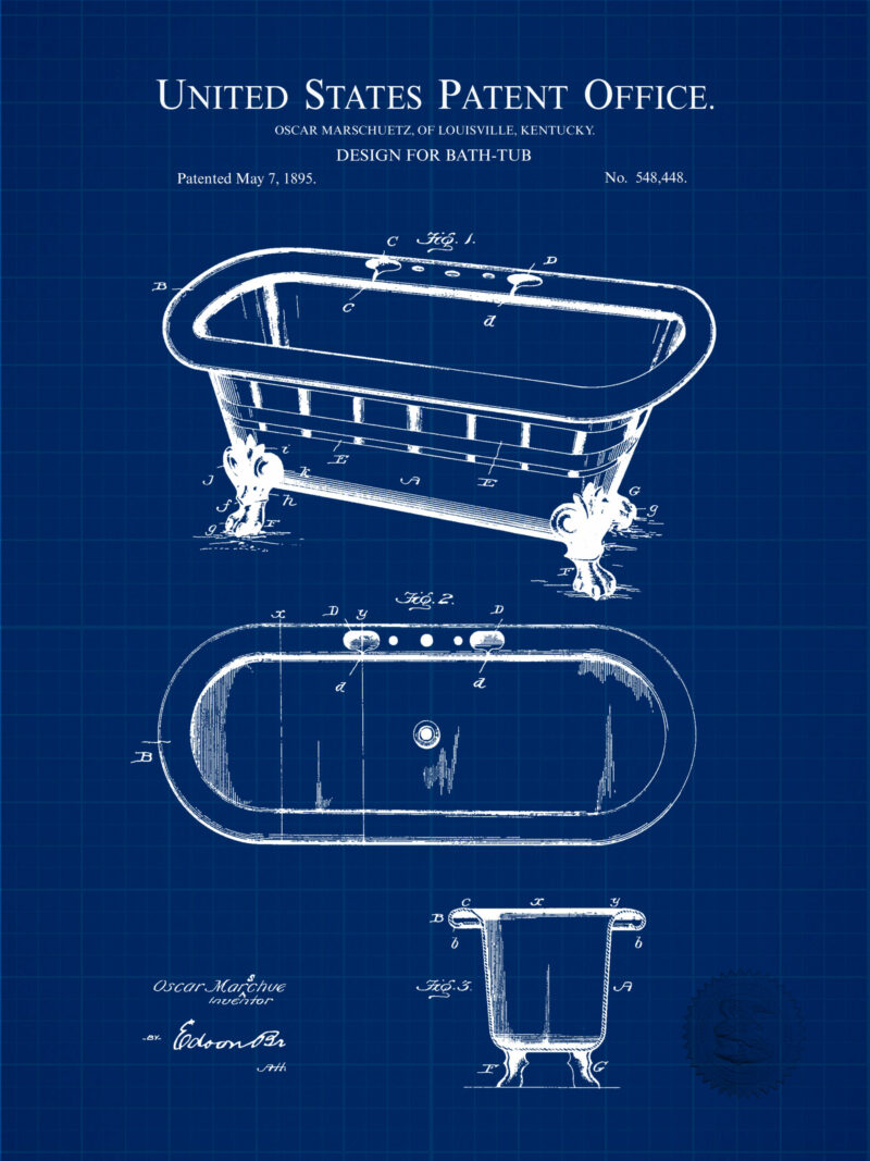 1895 Clawfoot Bathtub Patent Illustration Print